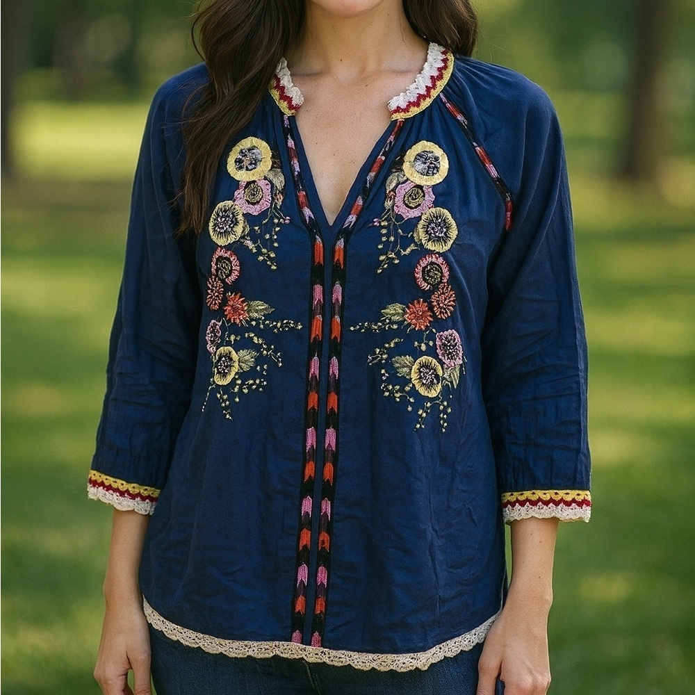 Tru Luxe Jeans Navy Blue Embroidered Shirt Made In India Small G2